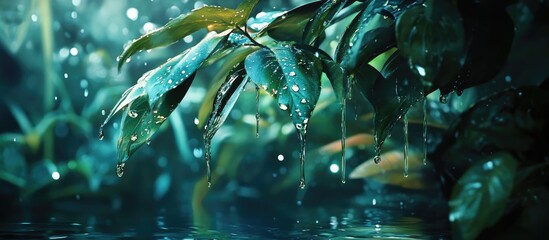 Wall Mural - Close-up of green leaves with droplets of water in a serene nature scene featuring a dark background and subtle bokeh effects enhancing depth.