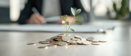 Poster - small plant grows from pile of coins, symbolizing growth, investment, and connection between nature and finance. This captures essence of nurturing financial success