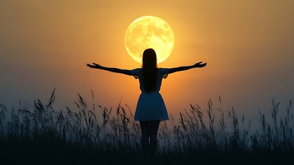 woman silhouetted against a large, yellow moon at sunset.