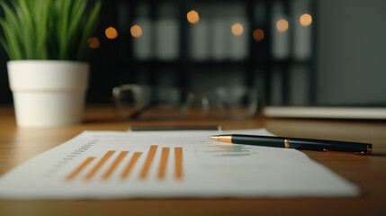 Aufkleber - pen rests on report with orange graphs next to potted plant, creating professional workspace ambiance that inspires productivity and focus