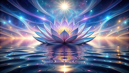 Wall Mural - Serene Water Lily Blooming Under a Celestial Canopy of Stars and Light Streaks