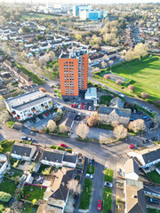 Canvas Print - Historical Downtown Oxford Central City Homes of Oxfordshire, England United Kingdom. High Angle Drone's Camera Footage Was Captured March 23rd, 2024 From Medium High Altitude.