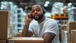 © afif - Warehouse worker phone call, logistics, boxes, headset, inventory
