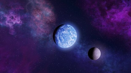 Wall Mural - Earth and its Moon in space

A beautiful view of Earth and its Moon, floating in the vastness of space. The cosmic background features vibrant purple and blue nebulae, enhancing the beauty of this cel