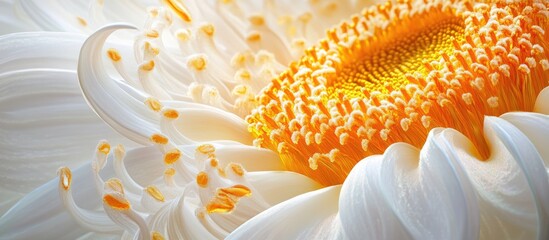 Wall Mural - Delicate close-up of a white lotus flower with vibrant orange center and golden filaments, showcasing soft textures and luminous floral details.