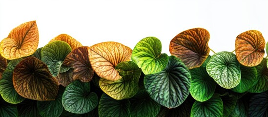 Wall Mural - Vibrant green and orange piles of leaves displayed in a close-up view showcasing their unique textures against a clean white background.