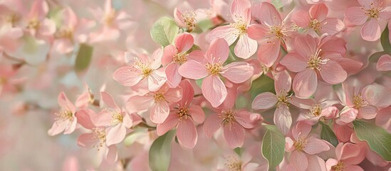 Wall Mural - Delicate pink elaeagnus multiflora flowers in soft focus bloom abundantly against a muted background creating a tranquil spring atmosphere