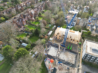 Canvas Print - Historical Downtown Oxford Central City Homes of Oxfordshire, England United Kingdom. High Angle Drone's Camera Footage Was Captured March 23rd, 2024 From Medium High Altitude.