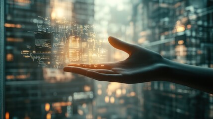 Hand holding digital data, cityscape background, innovation concept