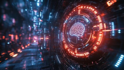 Wall Mural - futuristic digital brain concept with neon lights and technology elements depicting artificial intel