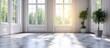 © Studio - Sunlit spacious room with large bay windows, bright natural light streaming in, lush green plants in corners, soft gray stone floor tiles.
