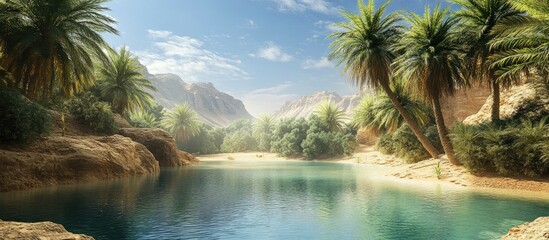 Sticker - Serene oasis landscape featuring lush palm trees and calm turquoise waters surrounded by mountains under a clear blue sky.