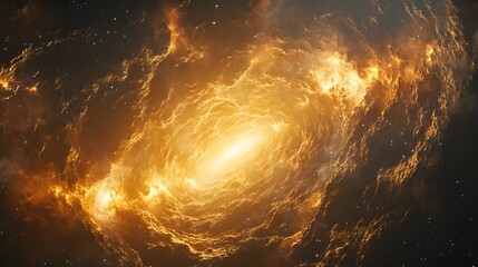 Large orange spiral shaped object in the sky with a serene void and interstellar expression
