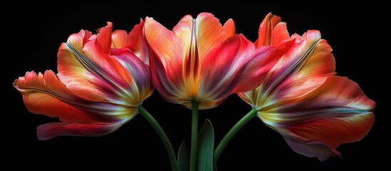 Wall Mural - Vibrant tulip flowers with fully opened petals in shades of red, yellow, and purple, positioned against a black background, capturing spring beauty.