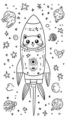 Wall Mural - cute alien cat pirate in spaceship coloring page for kids - vector galaxy art