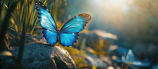 Sticker - Vivid blue butterfly perched on rocky surface with soft blurred green foliage in the background capturing intricate details and natural beauty