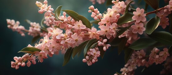 Wall Mural - Delicate pink elaeagnus multiflora flowers in bloom on lush green branches, showcasing vibrant hues against a softly lit background.