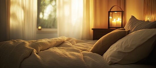 Wall Mural - Cozy bedroom scene with soft beige pillows on a white bed illuminated by warm golden light from candles creating a relaxing atmosphere by the window