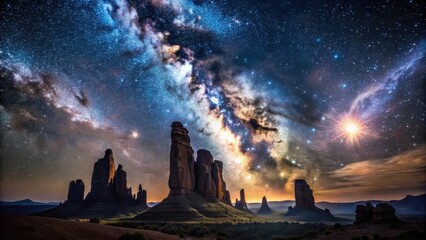 Wall Mural - Majestic Rock Formations Silhouetted Against a Vibrant Night Sky Displaying the Milky Way Galaxy and Sparkling Stars