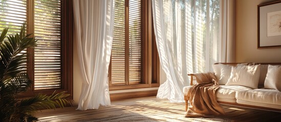 Wall Mural - Stylish cozy home interior featuring wooden blinds and sheer white curtains on large windows allowing warm sunlight to create an inviting atmosphere