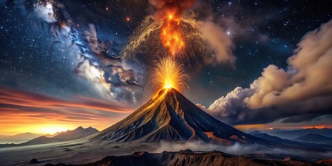 Wall Mural - Majestic Volcanic Eruption Under a Starry Night Sky, a Dramatic Display of Nature's Power and the Beauty of Celestial Wonders