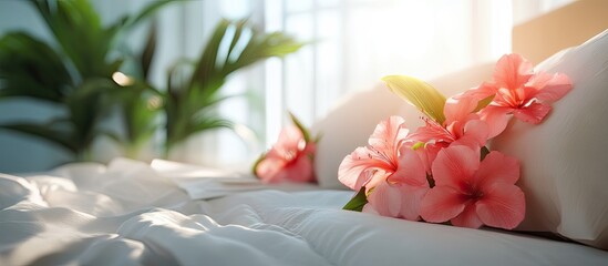 Wall Mural - Serene bedroom scene featuring a white bed with soft pillows and vibrant pink flowers on the left, bathed in warm sunlight, enhancing relaxation.