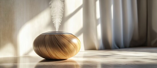 Wall Mural - Wooden air humidifier diffuser emitting mist in warm natural light near white curtains enhancing home air quality and comfort in a serene setting