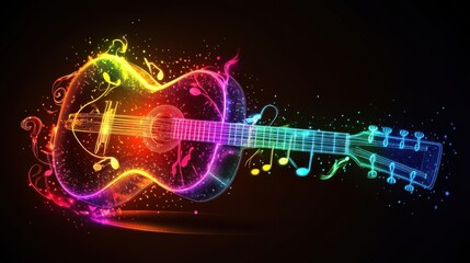 Wall Mural - Rainbow Acoustic Guitar with Musical Notes and Glowing Trails: A Vibrant Symphony of Color and Sound