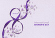 © Foto - Happy international women’s day concept. Top view photo of purple ribbon in shape of number eight and flowers isolated of minimalist paper background.