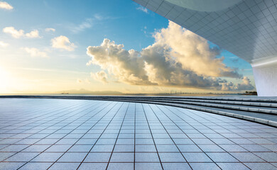 Wall Mural - Empty square floor and bridge with beautiful coastline natural landscape at sunrise