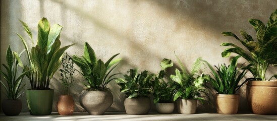 Aufkleber - Indoor plants arranged on a shelf against a soft textured beige backdrop featuring green and earthy tones highlighting nature's beauty and design harmony.