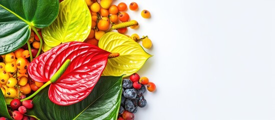 Aufkleber - Vibrant red and yellow Anthurium leaves with colorful fruits arranged on a white background ideal for eye-catching postcard designs