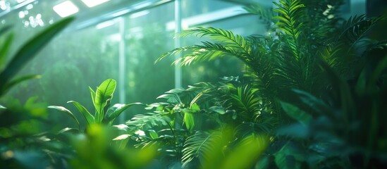 Poster - Vibrant greenhouse interior with lush green foliage illuminated by soft LED lights showcasing advanced plant growth technology and serene atmosphere
