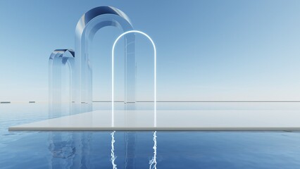 Fototapete - 3d illustration of abstract minimal geometry background, geometric architectural with glass design on water surface