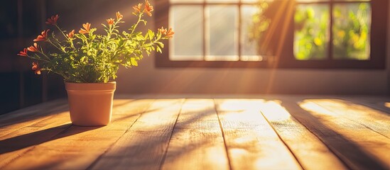 Leinwandbilder - Warm morning sunlight illuminating a wooden table with gentle shadows and a potted flower, creating a cozy atmosphere for relaxation.