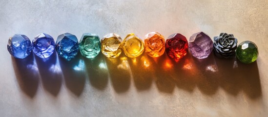 Aufkleber - Colorful arrangement of gemstone-like crystals in a gradient from blue to violet with a dark flower-shaped piece on the right against a light background.