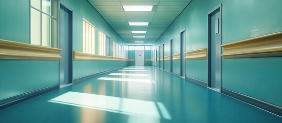 Fototapete - Spacious hospital corridor with teal walls and floors, bright natural light flooding in through large windows, emphasizing cleanliness and tranquility