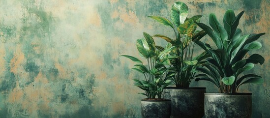 Aufkleber - Indoor plants in dark pots against a textured green and gold backdrop, showcasing natural beauty and design harmony in indoor settings.