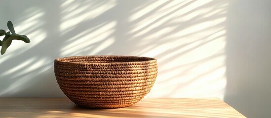 Aufkleber - Natural woven basket on a wooden table casting intricate shadows against a light-colored wall with soft sunlight illuminating the scene.