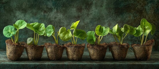 Poster - Green seedlings emerging from seed starter pods arranged in a line showcasing vibrant leaves against a dark textured background highlighting nature's growth.