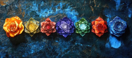 Aufkleber - Colorful paper flowers in a gradient from orange to purple arranged on a textured blue background, showcasing harmony and creativity in design.