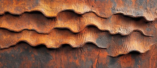 Leinwandbilder - Close-up view of textured layers in rusty orange and dark brown tones, featuring wavy patterns on a weathered surface resembling aged metal.