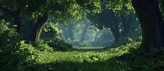 Aufkleber - Lush green forest scene with dense trees on both sides and a soft light illuminating the grassy path, inviting exploration in natural surroundings.