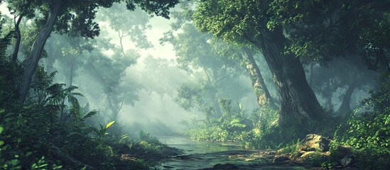 Aufkleber - Misty forest landscape with dense fog, towering green trees, and soft light creating a tranquil atmosphere, evoking enchanting mystery and serenity.
