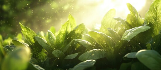 Aufkleber - Lush green leaves glistening in warm morning sunlight create a serene atmosphere with soft bokeh effects and radiant highlights in the background.