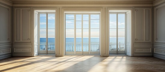 Fototapete - Bright empty room with white walls and floor, large open windows revealing serene blue sea view and balconies, creating a peaceful atmosphere.