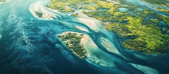 Aufkleber - Aerial view of vibrant blue rivers merging with a lush green coastal shore, highlighting the captivating interaction of ecosystems and waterways.