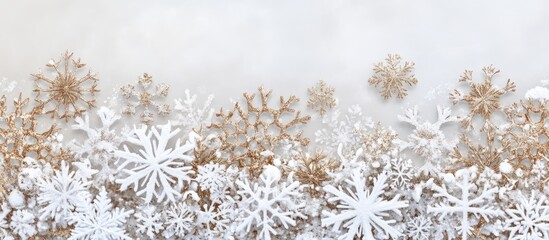 Poster - Elegant Christmas holiday background featuring white and gold snowflakes arranged at the top with a soft gradient of gray below for a festive feel
