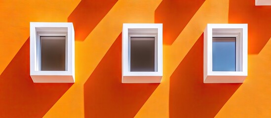 Fototapete - Three white windows aligned horizontally on a vibrant orange wall, enhanced by soft shadows, creating a dynamic and modern architectural composition.