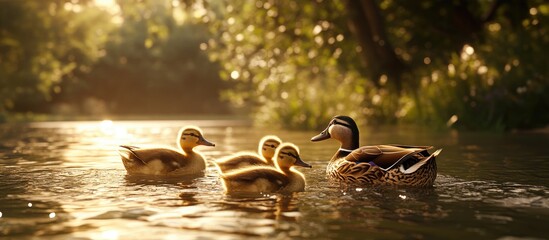 Aufkleber - Serene lake view with a family of four ducks swimming gracefully in soft golden light surrounded by lush green foliage reflecting tranquility